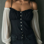 Retro Black Corset Blouse With Contrast Chiffon Sleeves