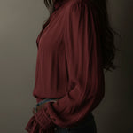 Boho V-Neck Deep Wine Red Blouse With Lace Cuffs