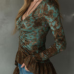 Boho Sage And Bronze Floral Ruched Ruffle Hem Blouse