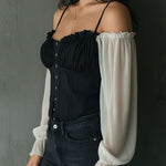 Retro Black Corset Blouse With Contrast Chiffon Sleeves