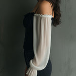 Retro Black Corset Blouse With Contrast Chiffon Sleeves