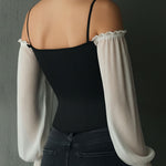 Retro Black Corset Blouse With Contrast Chiffon Sleeves