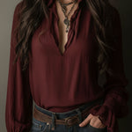 Boho V-Neck Deep Wine Red Blouse With Lace Cuffs