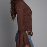 Retro Shiny Knitted T-shirt With Flared Sleeves And Lace Trim