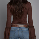 Retro Shiny Knitted T-shirt With Flared Sleeves And Lace Trim