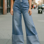 High Waisted Wide Leg Contrast Color Pockets Jean Pants Bottoms