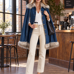 Glam Western Faux Fur Trim Denim Button Womens Cape