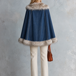 Glam Western Faux Fur Trim Denim Button Womens Cape