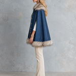 Glam Western Faux Fur Trim Denim Button Womens Cape