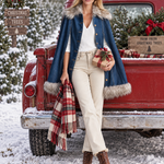 Glam Western Faux Fur Trim Denim Button Womens Cape
