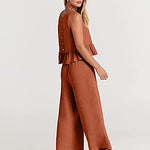 Nadorine 2 Piece Outfits Sleeveless Ruffle Tank Crop Top and Wide Leg Pants Lounge Set with Pockets