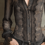 Vintage Boho Elegance Black Sheer Lace Trim Fitted Blouse
