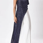 Party Favors Sequin One Shoulder Ruffle Detail Wide Leg Evening Jumpsuit