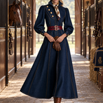 Vintage Military Dark Wash Gold Button Denim Maxi Dress