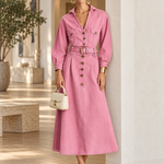 Retro Western Pink Belted Button Front Denim Midi Dress