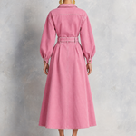 Retro Western Pink Belted Button Front Denim Midi Dress