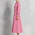 Retro Western Pink Belted Button Front Denim Midi Dress