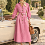Retro Western Pink Belted Button Front Denim Midi Dress