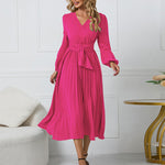 Elegant Wrap V Neck Lantern Sleeve Bulted Pleated Flowy Midi Dress