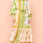 Garden Party Satin Unique Print Balloon Sleeve Belted Shirt Maxi Dress
