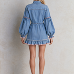 Retro Western Light Wash Ruffle Hem Denim Mini Dress