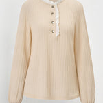 Solid Color Stand Collar Lace Long Sleeve Top Pullover
