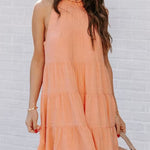 Sleeveless Loose Plain Mini Dresses Mock Neck Layered Ruffled Loose Flowy Swing Short Tank Dress
