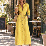Modern Western Yellow Belted Button Front Denim Maxi Dress