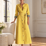 Modern Western Yellow Belted Button Front Denim Maxi Dress