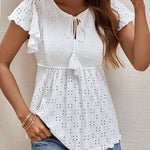 Nadorine Eyelet Tie-Neck Flutter-Sleeve Top Solid Color Casual Blouse for Women Casual Work Office Loose Fit 2026 | Under $40