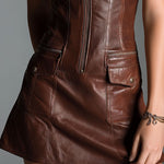Chocolate Brown Eco Leather Zip-Front Mini Dress With Utility Pockets