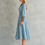 Glam Western Leopard Trim Denim Button Front Midi Dress