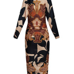 Unique Print Dolman Long Sleeve Ruched Slit Midi Dress