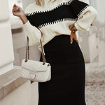 Nadorine Women's Casual Ribbed Two-piece Set, Color Block Knit Sweater & Solid Midi Sweater Skirts Outfits