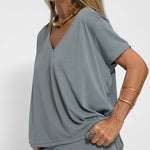 Nadorine Casual Two Pieces Set Short Sleeve V neck Tops and Wide Leg Long Pants