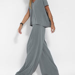 Nadorine Casual Two Pieces Set Short Sleeve V neck Tops and Wide Leg Long Pants