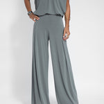 Nadorine Casual Two Pieces Set Short Sleeve V neck Tops and Wide Leg Long Pants