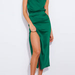 Margovil Turtleneck Sleeveless Waisted Slit Midi Satin Dress
