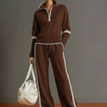 Retro Sporty Webbing Grey-white Half-zip Sweatshirt And Wide-leg Pants Set