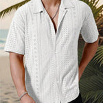 KZZ Men's short-sleeved versatile shirt with openwork jacquard pattern
