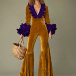 Fashion Party Purple Ruffle Long Sleeve Flared Gold Velvet Jumpsuit