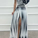 Margovil One Shoulder Waisted Slit Printed Maxi Dress