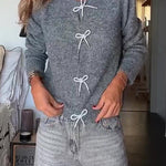 Paris Mornings Knit Front Bow Design Long Sleeve Relaxed Cardigan