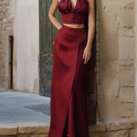 Sophisticated Satin Two-Piece Halter Set - Cropped Vest And Maxi Skirt