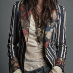 Bohemian Striped Blazer with Floral Print in Cotton and Linen
