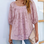 Nadorine Quare Neck Babydoll Tops 3/4 Puff Sleeve Lace Blouse Summer Floral Textured Shirts