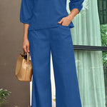 Loose solid color long sleeved top wide leg pants set