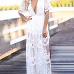 Floral Lace Maxi Dress V Neck Short Sleeve Boho Wedding Bridesmaid Evening Party Beach Slit Flowy Long Dresses