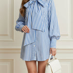 Balloon Sleeves Long Sleeves Buttoned Striped Bow Collar Blouses