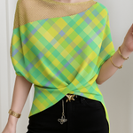 Half Sleeves High-Low Contrast Color Elasticity Knot Split-Joint Round-Neck T-Shirts Tops